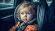 © SERGEI - Small child rides in car seat in auto. Generative AI. High quality illustration