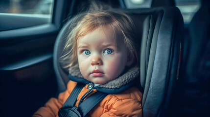 Small child rides in car seat in auto. Generative AI. High quality illustration