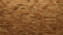 Wood Tiles Arranged To Create A Rectangular Wall. 3D, Natural Background Formed From Timber Blocks. 3D Render