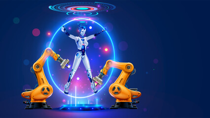 Aufkleber - Robot cyborg with AI assembling on factory. Automation manufacturing, industry 4.0 concept. Artificial intelligence control industrial robotic arms on on robots factory. Modern technology of industry