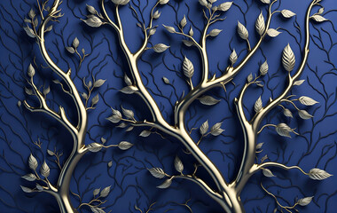 Wall Mural - Elegant gold and royal blue floral tree with seamless leaves hanging branches 3D illustration background. Generative AI