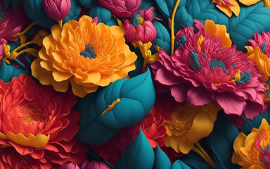 Colorful 3D Flower and Leaves Wallpaper created using Generative AI, Tropical Flower Floral Pattern Texture, Spring