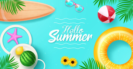 Wall Mural - summer hello text vector design. summer with floater, beachball and surfboard beach elements. vector