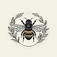 Round, Intricate And Ornate Bee Logo Emblem On Solid Background- Generative AI