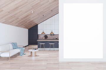 Wall Mural - Modern wooden loft kitchen studio interior with empty white mock up banner on wall. Designs concept. 3D Rendering.