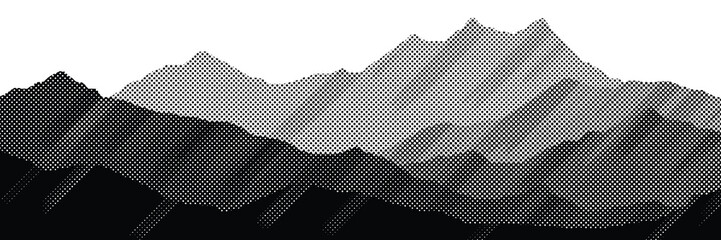 Vector halftone dots background, fading dot effect. Imitation of a mountain landscape, banner, shades of gray.