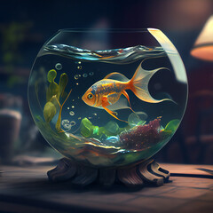 Beautiful fish in round glass aquarium. Fish Swimming In Fishbowl. Fish ball in the living room. Generative AI