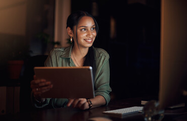 Poster - The harder I work, the more luck I seem to have. a young businesswoman using a digital tablet in an office at night.
