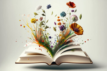 Open book with fantastic levitation glowing colorful flowers splash on white background, beautiful, World book day, knowledge and creativity concept, spring, summer mood.
