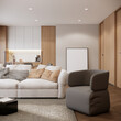 © CREATIVE WONDER - Modern apartment room interior design and decoration with white and grey sofa in living room, built in kitchen counter. 3d rendering