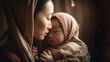 illustration of Loving Asian Mother Holding Her Newborn Baby Close Face to Face, generative AI