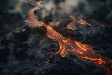 Aerial Shot Looking Directly Down On A River Of Lava