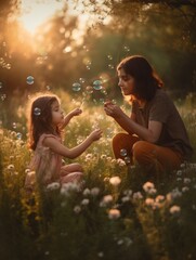 happy mother's day. a playful image of a mother and her children playing with bubbles in a field of 