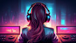 © ranchuryukin - illustration of a girl wearing the headphone playing music with dj equipment, neon lights effect