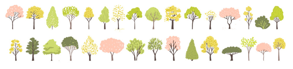 different trees set with summer green, autumn orange foliage, spring pink blossom. simple drawn illu