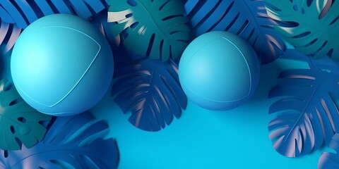 Wall Mural - Summer blue surface balls in abstract style on blue background. Jungle foliage illustration. Palm tree leaf texture. Water background. Beautiful summer exotic tropical nature background.