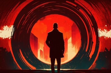 Wall Mural - a man in a red circle stands in front of a digitally painted image. generative ai generative ai