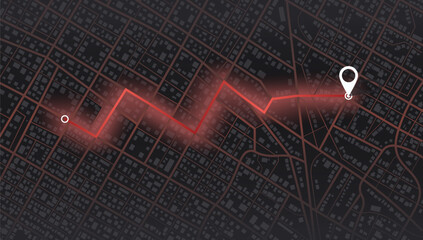 Wall Mural - Location tracks dashboard. City street road. City streets and blocks, route distance data, path turns and destination tag or mark. Huge city top view. Graphic urban infrastructure Vector illustration