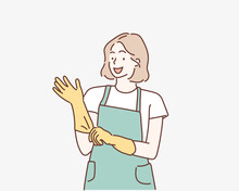 Woman Wearing Rubber Gloves. Cleaner Housewife Worker Lifestyle Concept. Hand Drawn Style Vector Design Illustrations.