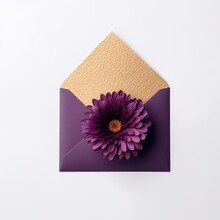 Embossed Beautiful Flower On Purple Greeting Card, Envelope Mockup. Generative AI.