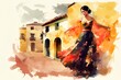 Watercolor image of a pretty woman flamenco dancer on a small spanish street. Generated ai.