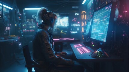 Generative AI, young man playing video games in a room with neon light.