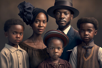 Juneteenth concept. Black family portrait, fictitious people. AI generated image