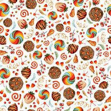 Watercolor Delicious Halloween Candies And Sweets Seamless Pattern With Hand Drawn Treats, Cookies, Chocolate Strawberries, Corn Caramels, Spiral Candy On White Background In Orange Brown Red Colors