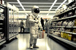 Unrecognizable man in an astronaut space suit holding basket while shopping in supermarket. Funny daily life concept. Generative AI.