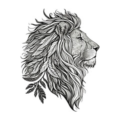 Black and white profile of a lion, mane in leaves and ornaments on a white background. For your design.