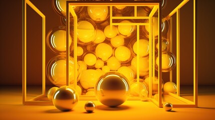 Generative AI, geometric figures, floating spheres and balls in yellow color. Glossy banner, 3D scene effect, modern macro photorealistic abstract background illustration.