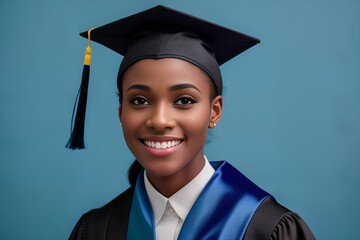 Portrait of young African American smiling female student in hat and gown posing in blue background. Successful graduation from university. Concept of education. Generative AI