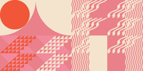 Fototapete - Modern abstract geometric  vector seamless pattern with simple elements and shapes like circle, square and triangle. Graphic pastel colored minimalist background.