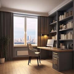 Canvas Print - Interior design of a modern home office with furniture, wooden floors, a window with a city view and a curtain, and a bookcase. generative AI