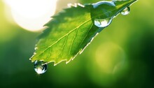Spring Natural Background. Big Drop Of Water With Sun Glare On Leaf Sparkles In Sunlight In Beautiful Environment, Macro. Beautiful Artistic Image Of Beauty And Purity Of Nature