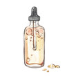 Bottle cosmetic oil with drops facecare isolated on white background. Watercolor hand drawn illustration. Art for design