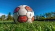 Ball for soccer on greengrass. Wide angle Generative AI
