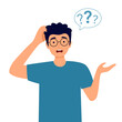 Confused man scratching his head with question mark in flat design on white background.