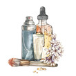 Makeup brush, cream, oil bottle isolated on white background. Watercolor hand drawn illustration. Art for fashion design