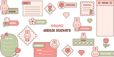 Wall Mural - Cute digital note papers and stickers for digital bullet journaling or planning. Kawaii bunny and flowers. Ready to use digital stickers for digital planner. Vector art.