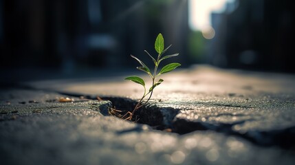 A Small Sapling Emerges Through Asphalt. Generative AI