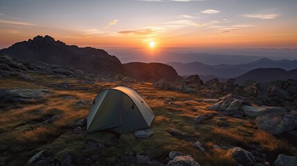 Tourist tent camping in mountains at sunset Generative AI