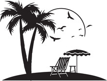 Summer Landscape Of Palm Trees, Sun Beds, Beach Umbrella, Vector Illustration, SVG