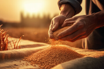 a farmer pours grain from hand to hand over a sack close-up against the background of a field with wheat at sunset. generative ai