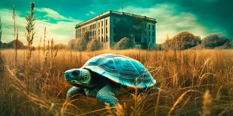a turtle in a field with a building on it