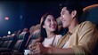 Happy smiling asian couple watch movie at cinema, projector light above modern cinema hall, pleasant enjoying time at evening for loving couple, joyful dating in cinema, generative AI
