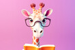 Giraffe Smiling Bookworm Zoo Character Wearing Glasses And Reading A Book Cartoon Illustration Part Of Animals In Library Collection. Generative AI