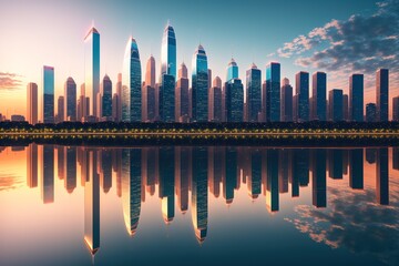 Wall Mural - A city skyline reflected in water by ai generated