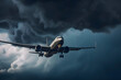 Airplane approach at the airport landing in bad weather storm hurricane rain fall stripes llightning strike. Generative AI