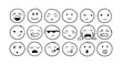 © sanumko - Vector hand drawn doodle emoji with different emotions set. Round cute faces with different emotional expressions isolated. Line happy, neutral, crying, excited and cool cute faces for social media